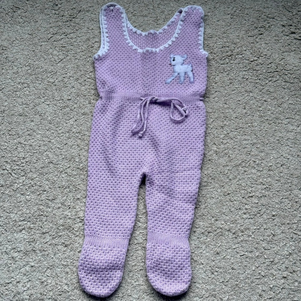 Vintage Lavender Knit Footed Coverall Lamb Applique Scalloped Trim Sleeveless